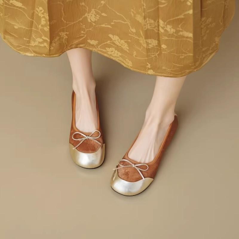 Retro color matching ballet flats women's spring summer bow doll head shoes