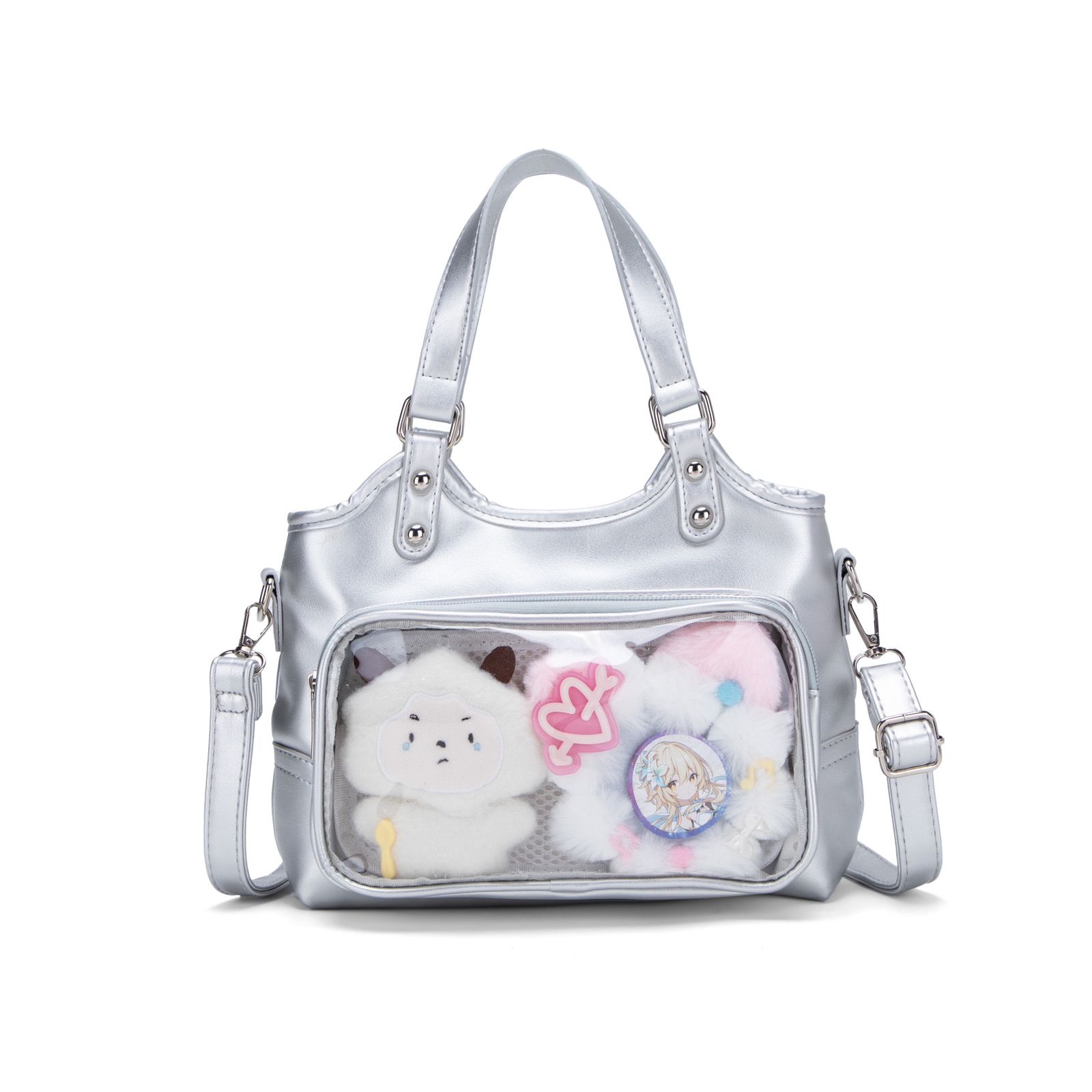 

Japanese Hot Girl Solid Color Tote Bag Women Anime Pin Display Ita Bag Ladies Y2K Harajuku Aesthetics Versatile Crossbody Bags 27x20x8cm срібний