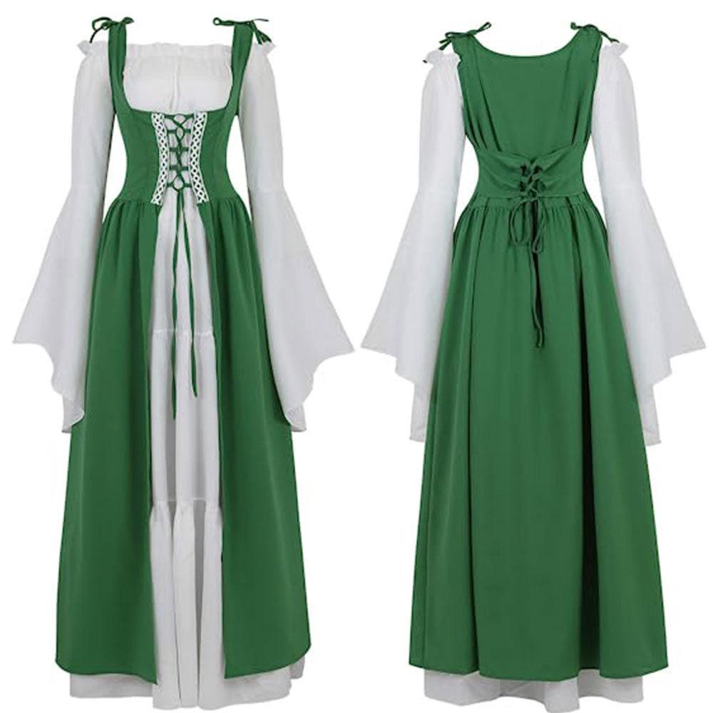 European and American Square Neck Tie-Up Waist Medieval Renaissance Vintage Dress Costume
