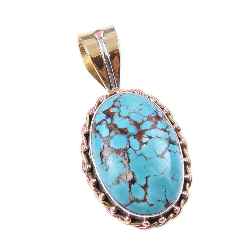 Natural Tibetan Turquoise Gemstone 925 Solid Silver Two Tone Pendant 1.50'' Z6V30