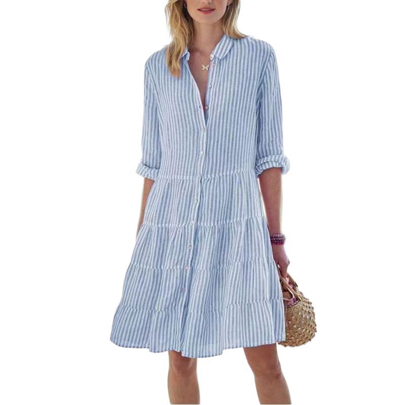 Women's Striped Cardigan Knee Length Shirt Long Sleeves Top