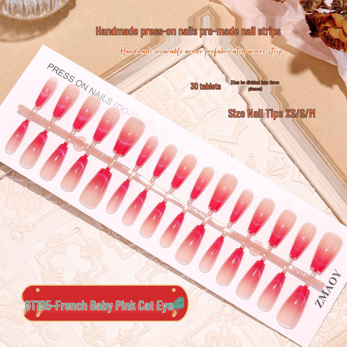

T195 French Cat Eye Nude Pink Ladder Manicure Wearable Finished False Nails