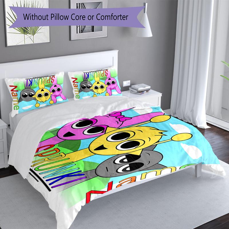 3pcs Custom Name Sprunki Themed Bedding Set,Includes 1 Duvet Cover and 2 Pillowcases,All-season Bedroom Decor