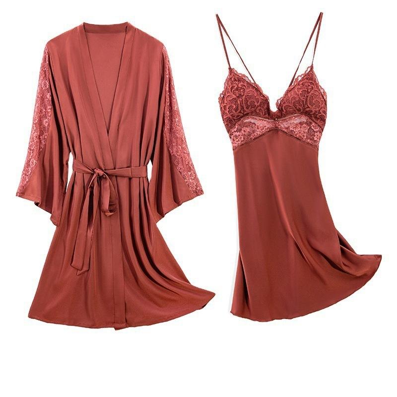 Ice silk pajamas women's sexy thin lace with chest pads, beautiful back suspenders, nightgowns, nightgowns, two loungewear