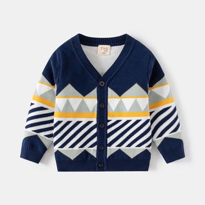 Boys Fashion Striped Diamond-checked Woolen Coat Handsome Cardigan Sweater for Children