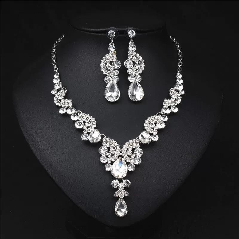 Fashion Simple Water Drop Crystal Rhinestone Necklace Earrings For Women Wedding Dress Accessories Light Luxury Jewelry Sets