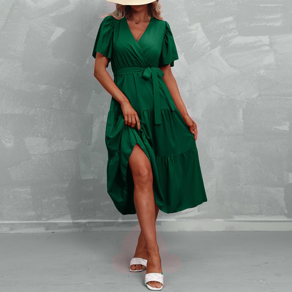 Modisches Damen Sommerkleid in Farbe mit V-Ausschnitt, kurzen Ärmeln und Bindung für den Strandurlaub