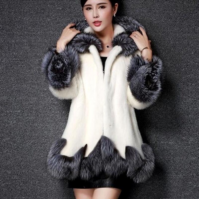 Moda Invernale Donna Cappotto con Cappuccio Peloso Caldo Pelliccia Bianco Nero Coniglio Pelliccia di Visone Casual Soprabito (Taglie forti S-5XL)
