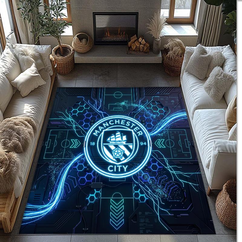 Manchester City Printed Flannel Area Rug Non Slip Soft Polyester Floor Carpet Indoor Decor Mat for Bedroom Living Room Sofa