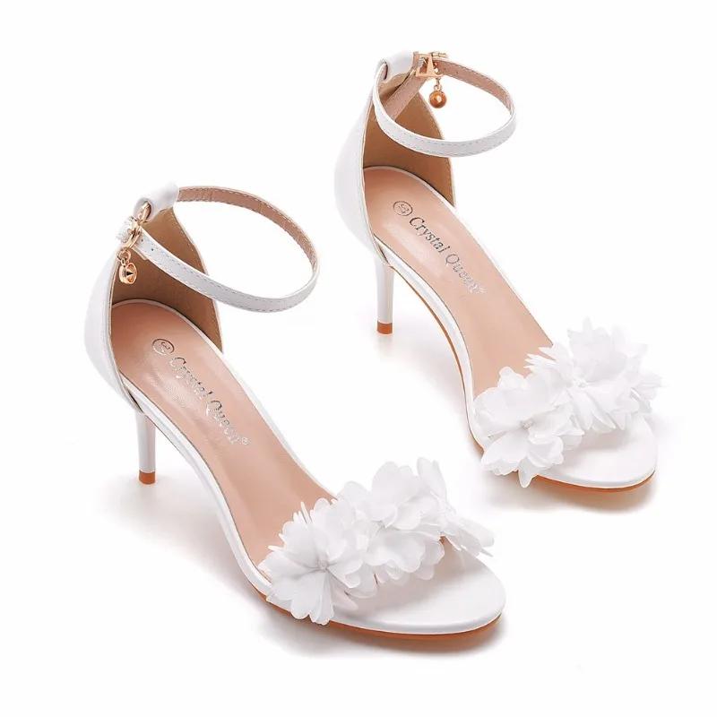 Quality Women Sandals Female Rhinestone PU 7CM Thin Heels Buckle Strap Bridal Wedding Shoes Women's Shoes Dress White Fashion