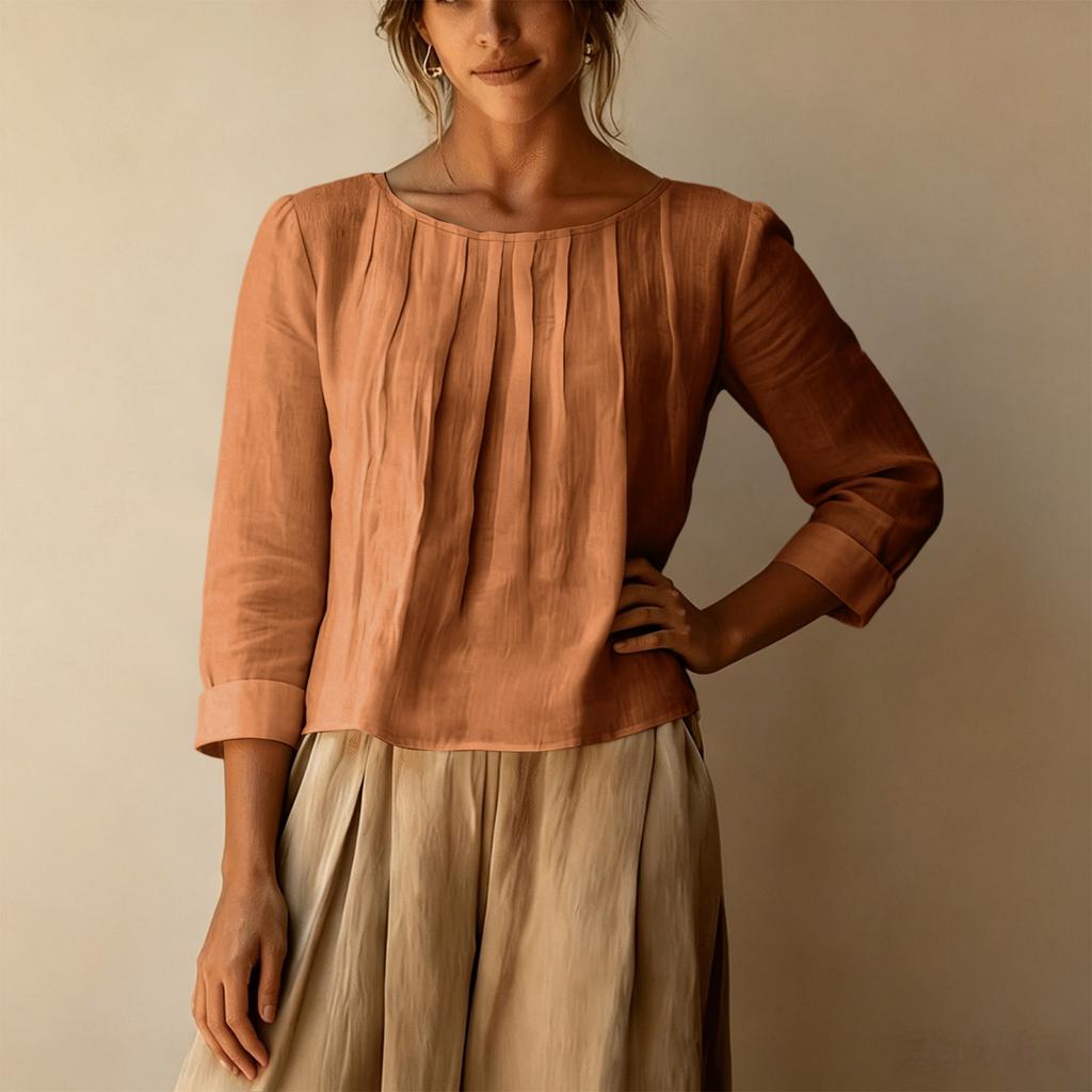 Damen Freizeit Bluse Lockere Passform Rundhals Faltenfront Hemd Dreiviertel Ärmel Leichtes Oberteil für den Alltag