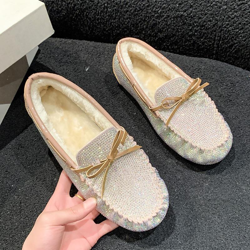 Color rhinestone beanie shoes women's winter velvet cotton shoes Harajuku large size pregnant women casual shoes flat bottom one pedal fluffy shoes