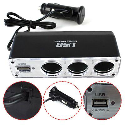 Car Lighter Multi Socket Triple Splitter USB Port Charger Adapter With Lighter Plug For 12V-24V Vehicles