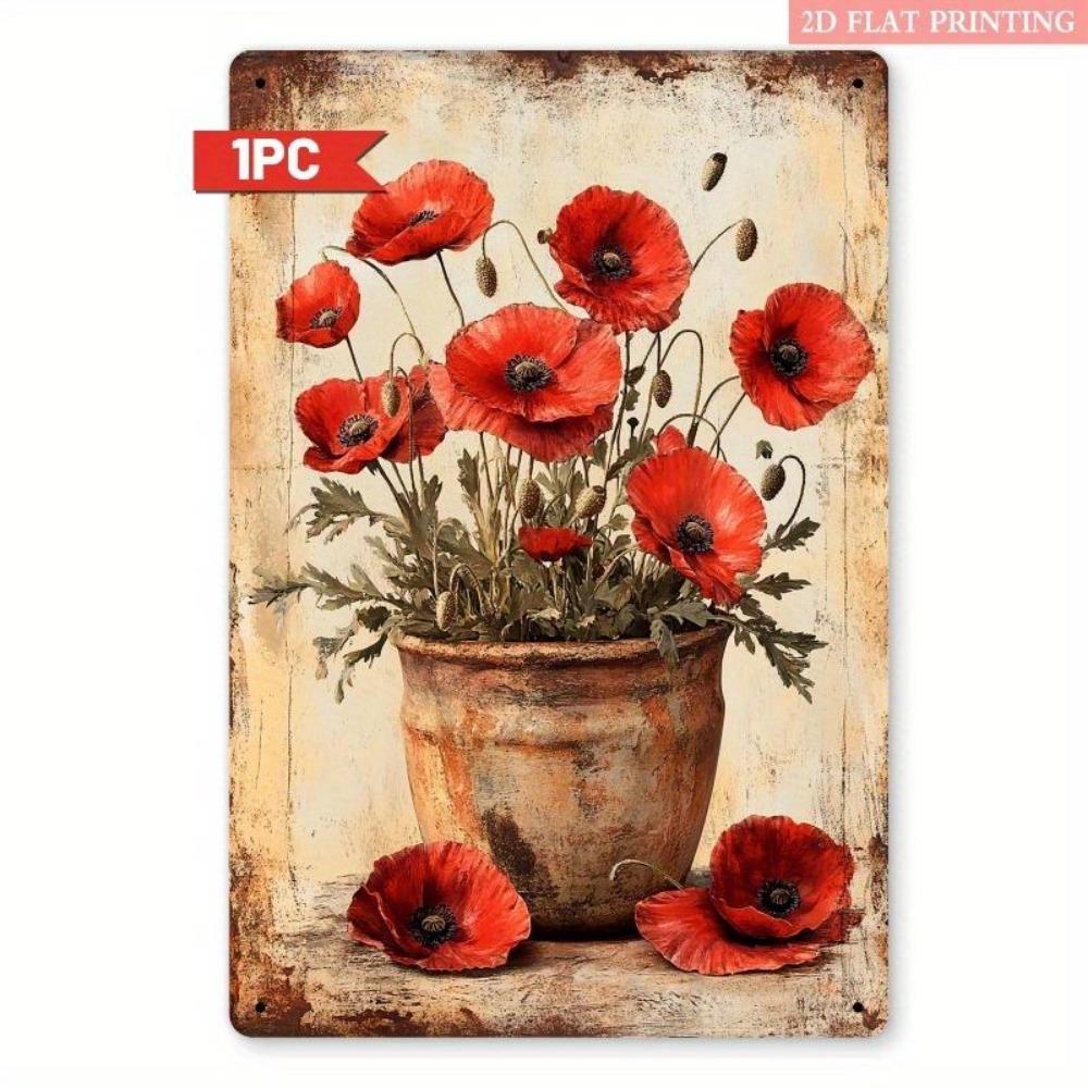 Papaveri Rustici Decorazione Murale in Metallo Cartello Floreale Vintage in Ferro con Sfondo Bianco Invecchiato Papaveri RossoArancio Stile Rustico
