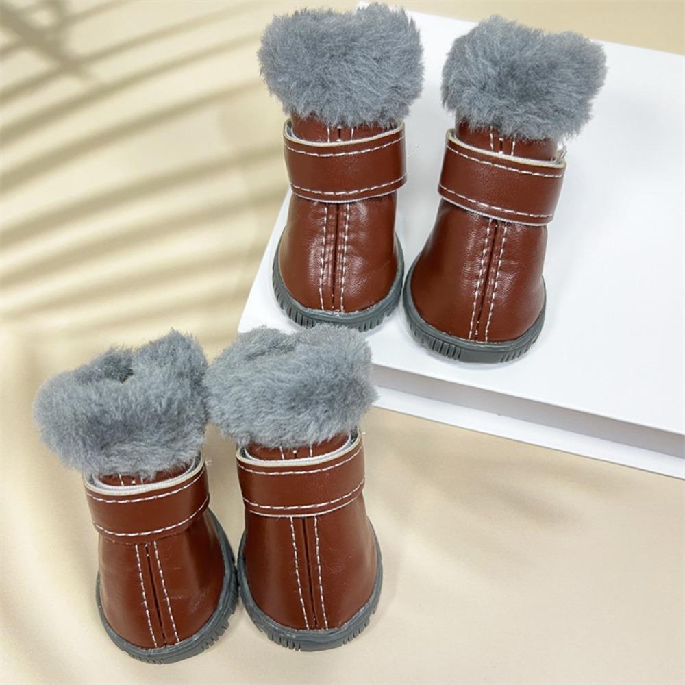 4PCS Plush Winter Pet Dog Shoes Non Slip Anti-Freezing Waterproof Dog Boots PU Leather Warm Dog Fleece Shoes Outdoor Use