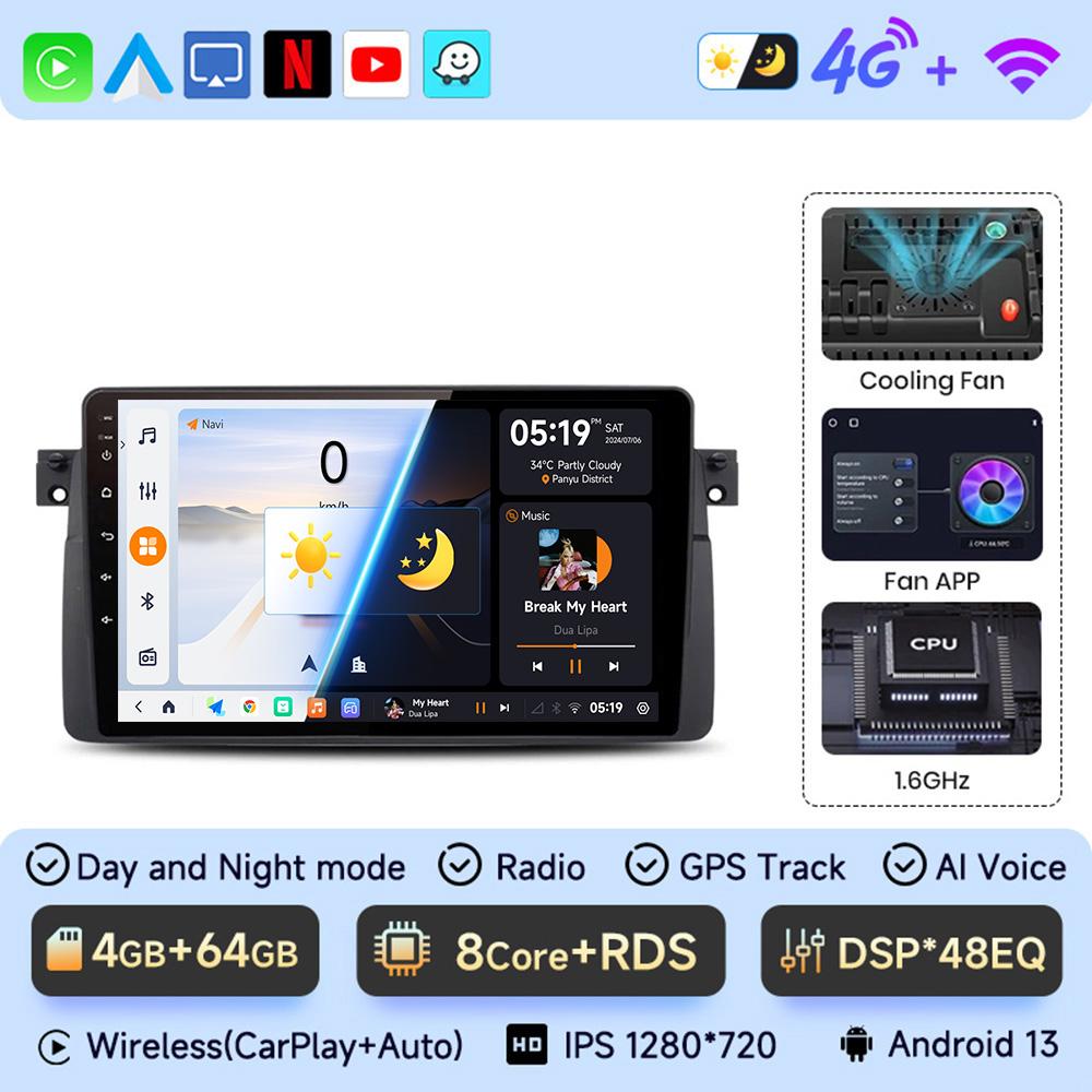 JIUYIN Android 13 For BMW E46 M3 318/320/325/330/335 1998-2006 Car Radio Multimedia Video Player Carplay Auto GPS Navigation