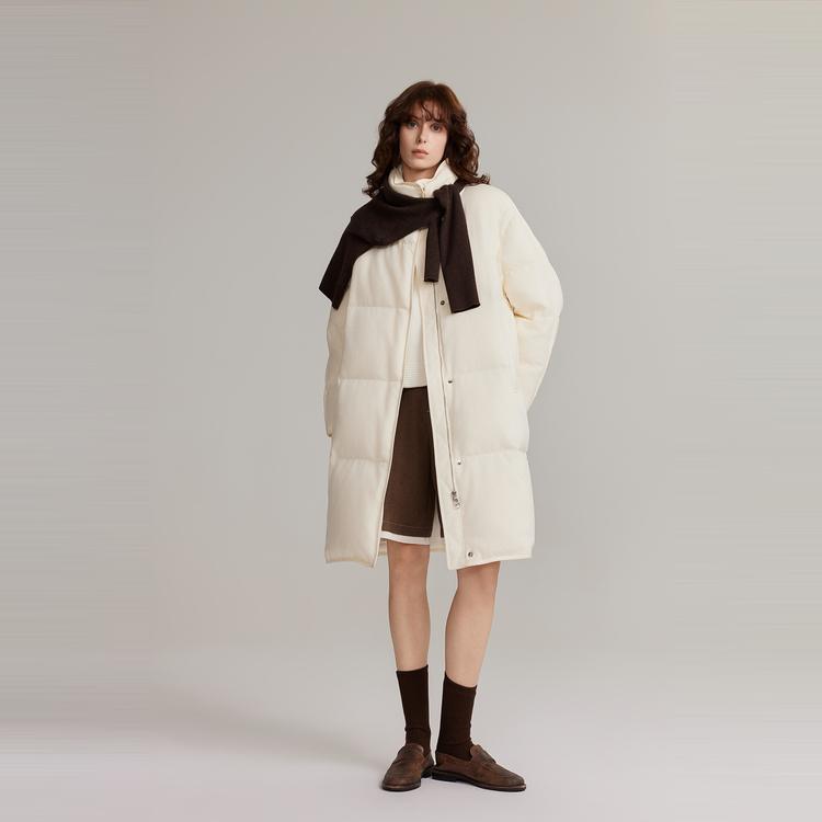 ELLE French Style Basic Warm Goose Down Solid Color Stand Collar Down Jacket Women outerwear Off-White EY49605