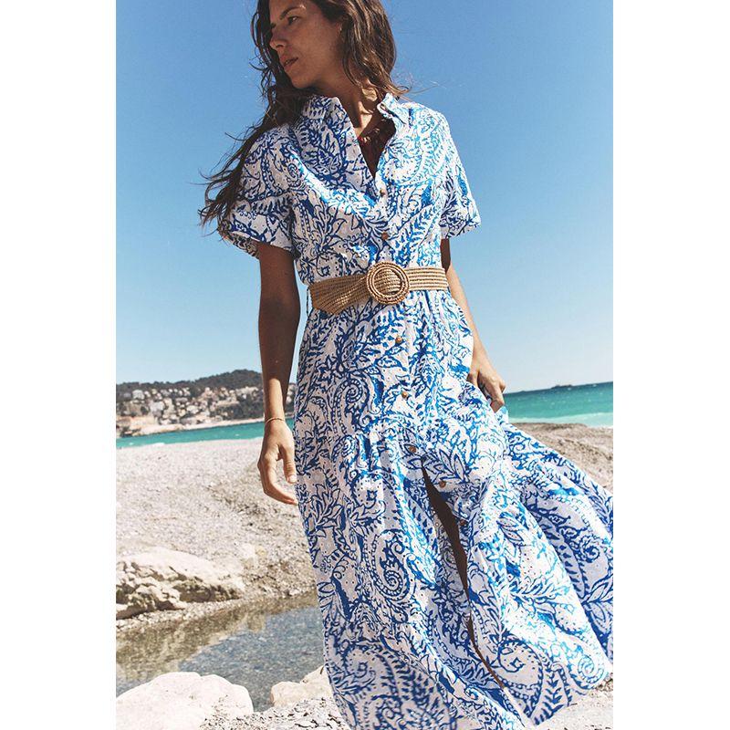 Spring and Summer Cut Out Embroider Decorative Lapel Short Sleeve with Belt Printed Shirt Type Length Dress 2157045