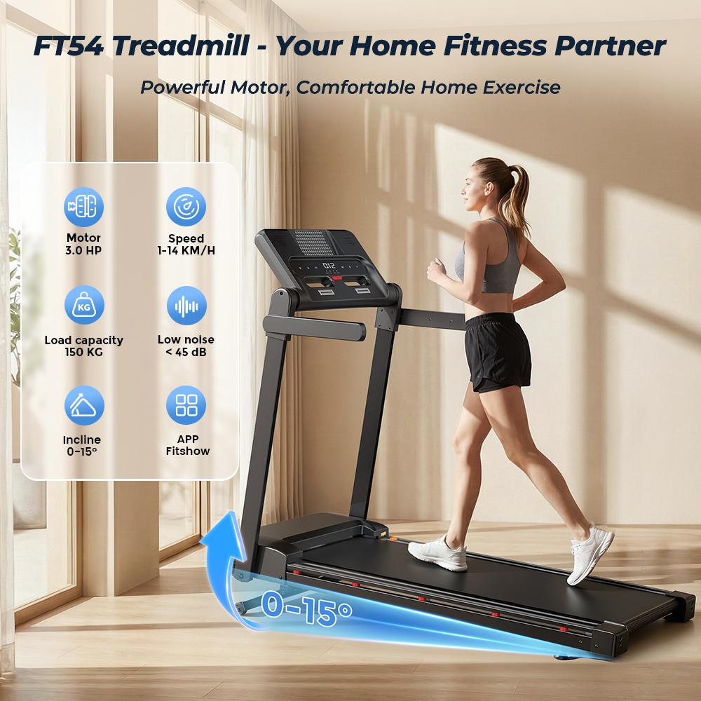 Walking Pad FT54 1–14 km/h Speed 0–15 Levels Incline 3 HP Peak Motor Power with App Compatibility