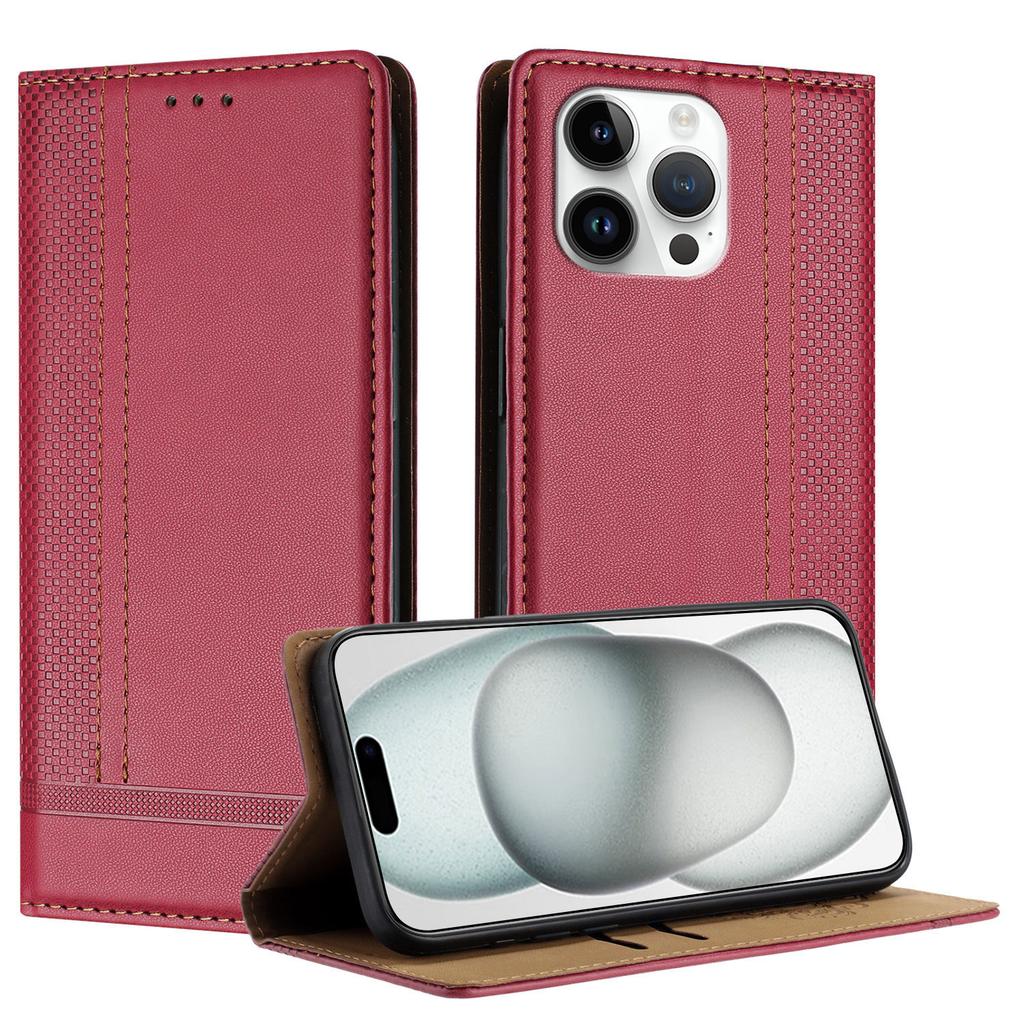 For iPhone 15 Pro Max Case L-Shaped Grid Pattern Leather Stand Phone Cover with Card Slots