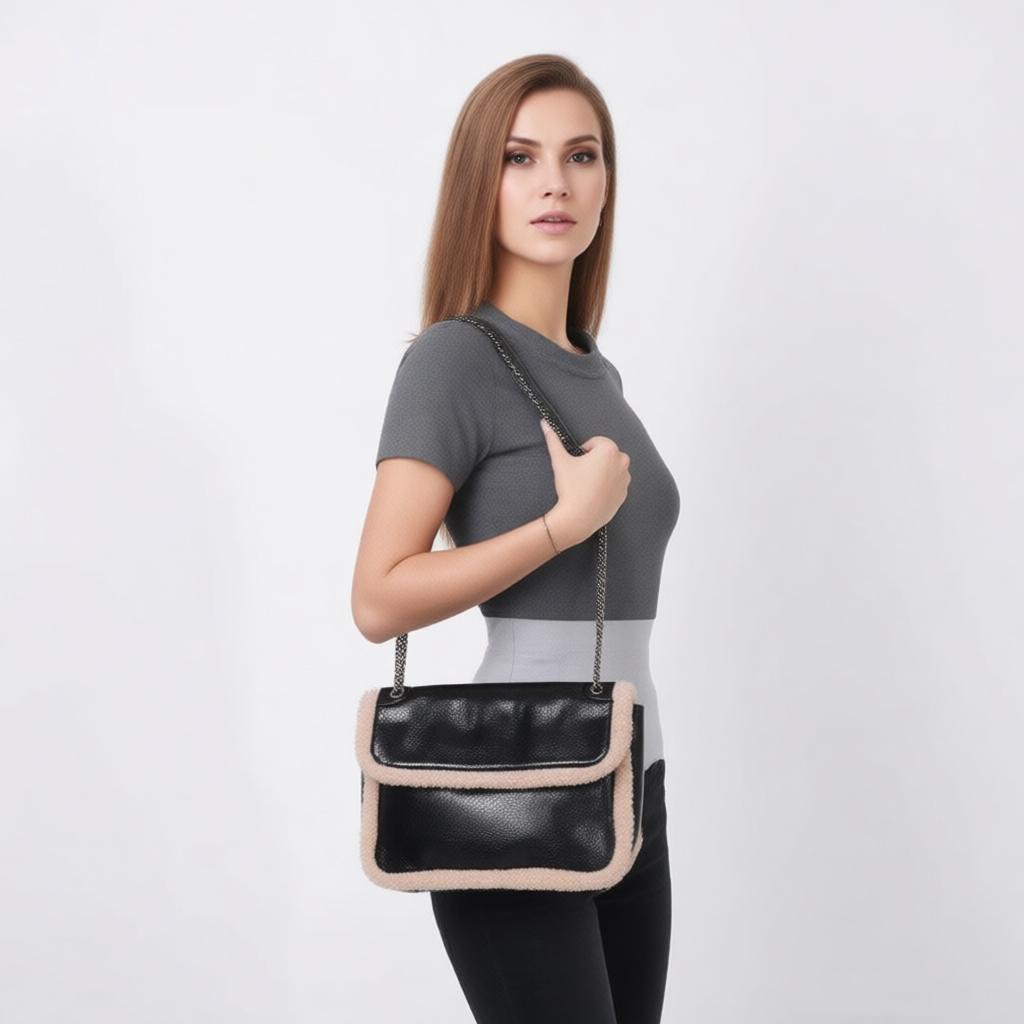 Women's Shoulder Bag Autumn Winter Fashion Lamb Wool PU Splicing Crossbody Bags Large Capacity Oil Wax Leather Chain Handbags