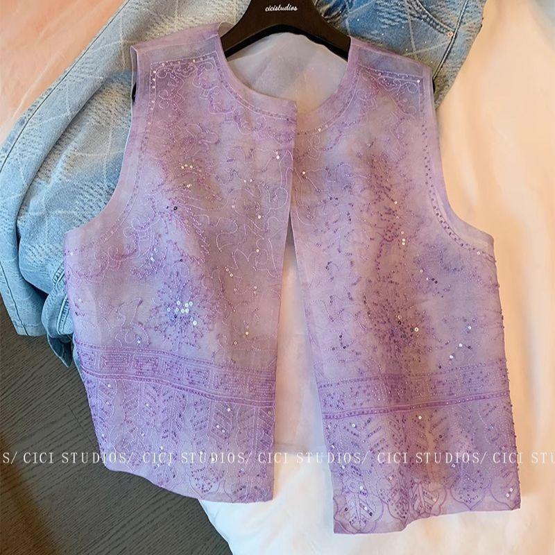 

Новые пайетки 2025 темперамент лето вышитый китайский жилет модный жилет топ с бисером 3XL (recommended 138-75kg)