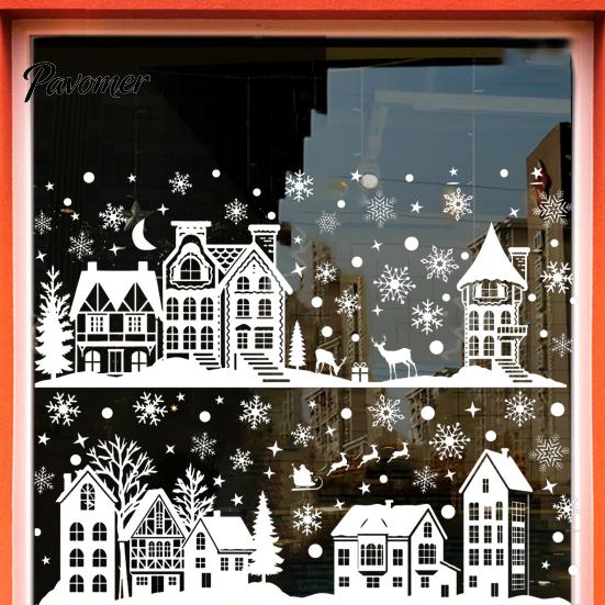 Indoor Outdoor Glass Window Stickers 2Pcs Christmas Town Static Sticker, Reusable Decal with Snowflake Clings for Winter Pattern, Decorative