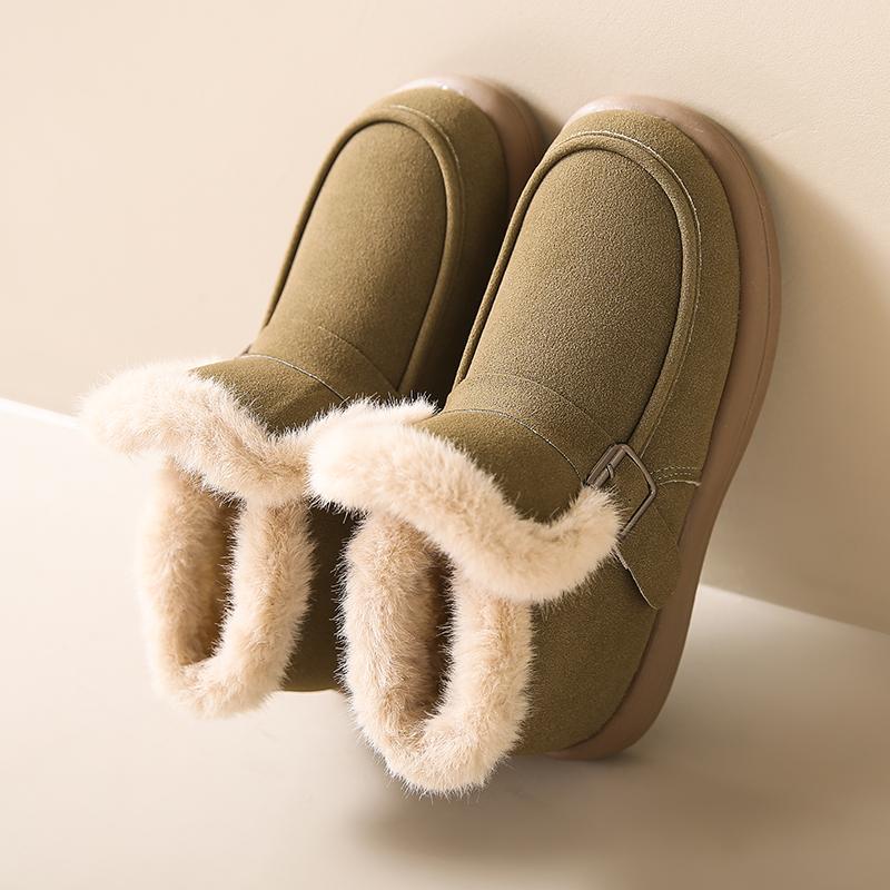 Fashion Soft Thick Bottom Furry Suede Snow Boots Women 2025 Winter Fluffy Fur Slip On Warm Plush Ankle Boots Metal Buckle Cotton Shoes