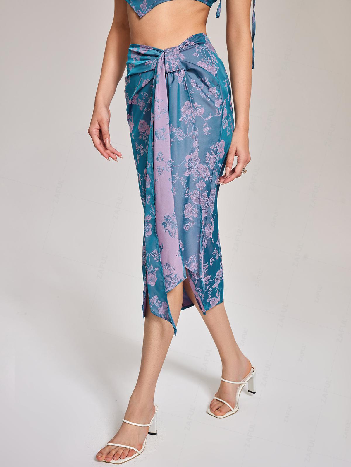 

ZAFUL Floral Jacquard Draped Midi Skirt S синий