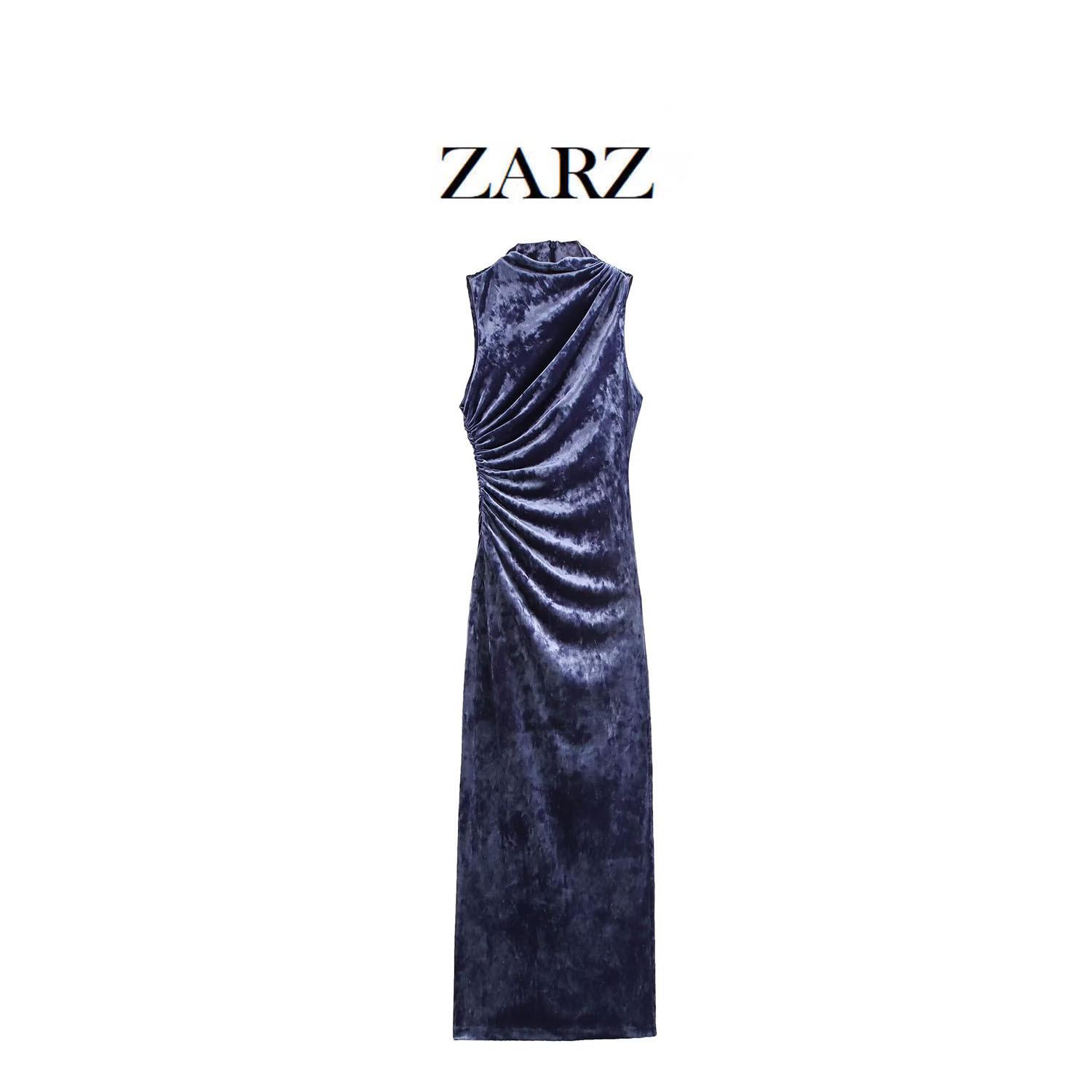 

ZARZ Women s European & American Style Velvet Pleated Dress Medium синий