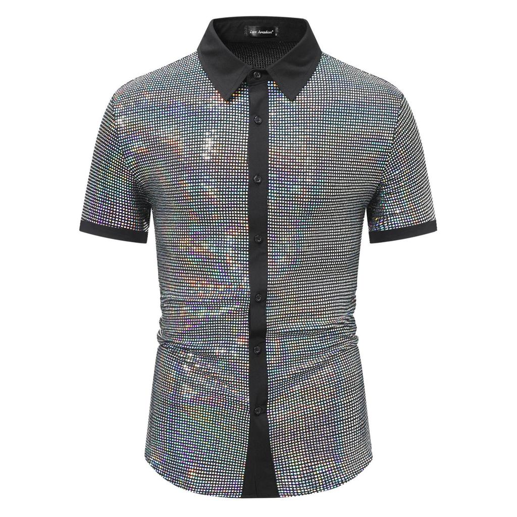 Men's Summer Shiny Patchwork Color Short Sleeve Shirt YC10