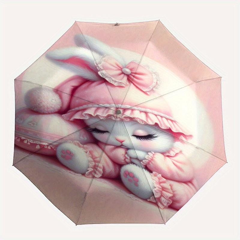 Rabbit,Pink Automatic Folding Umbrella 8 Ribs Lightweight Design, Durable Iron Frame, Compact and Portable, Ideal Birthday or Christmas Gif