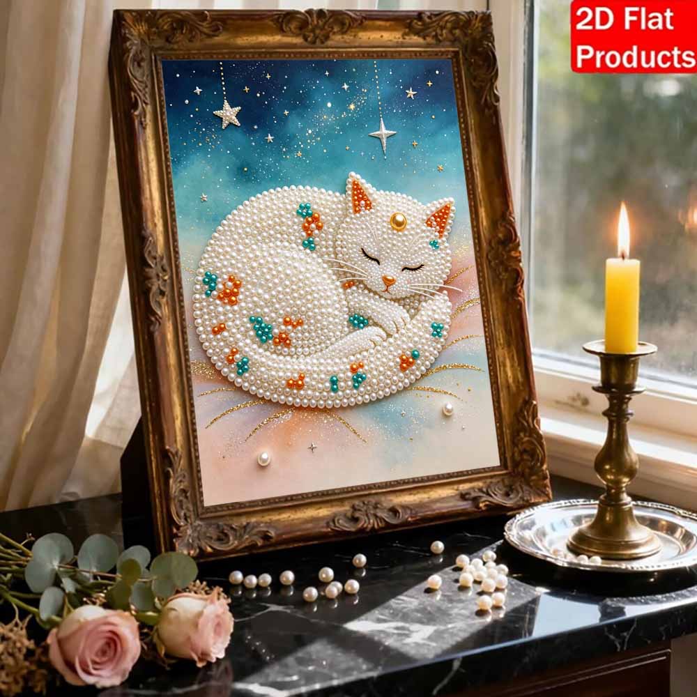 Pearl Painting DIY Kit Frameless Sleeping Cat Canvas Shiny Bead Art Creative Craft for Bedroom Living Room Decor