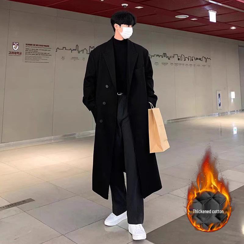 Men's Korean Style Long Wool Overcoat - Winter Casual Thickened Trench Coat Trend