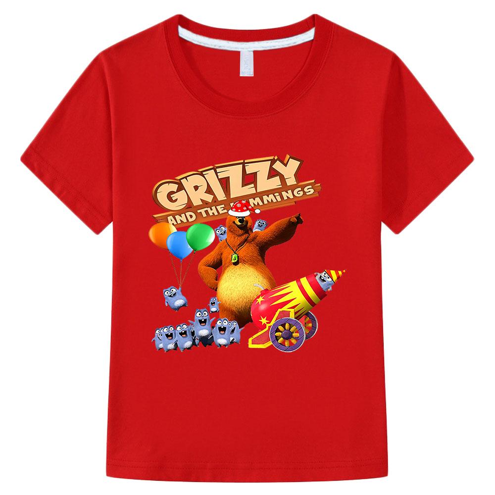 

Grizzy and The Lemmings Children s T-Shirt 100%Cotton Cartoon Print Short Sleeve Cute Boys Girls Tops Kids 3-12Y O-Neck Tees Summer Anime T-shirt 100 красный
