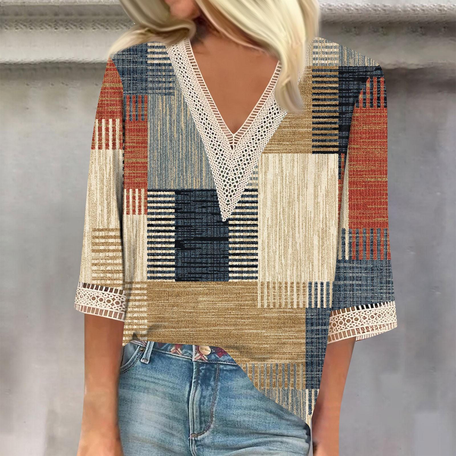 

Женская рубашка, блузка, повседневные свободные рубашки, рукава 3/4, кружевные топы с v-образным вырезом и принтом, топы с принтом, футболки, футболки XL коричневый