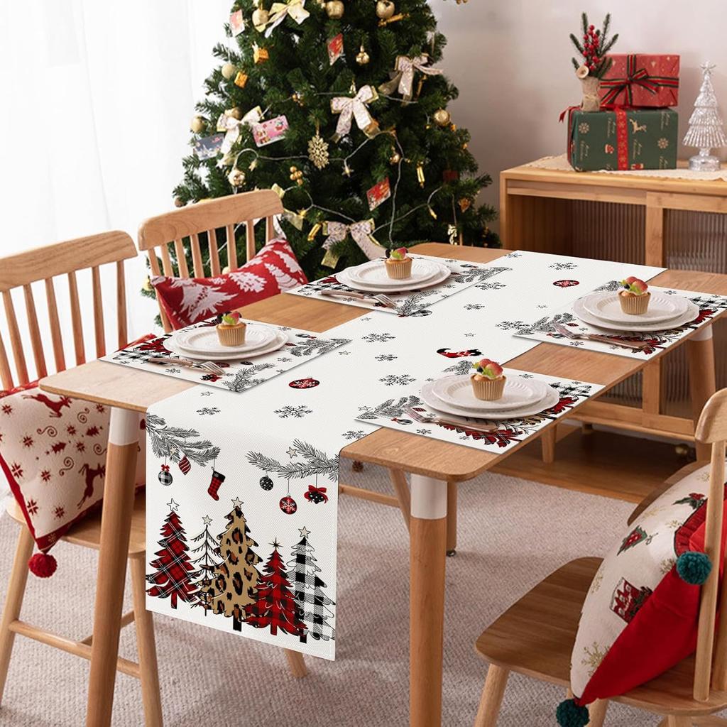 Bonhause Buffalo Plaid Christmas Trees Table Runner 13x72 Inch Snowflakes Pine Branches Red Winter Holiday Kitchen Dining Table Decoration for Indoor