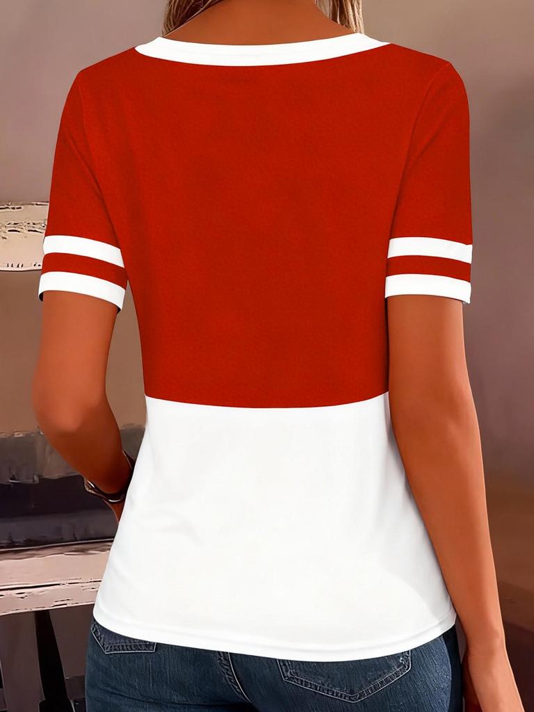 European-American Cross-border Fashion Color Block Zipper Short Sleeve Top