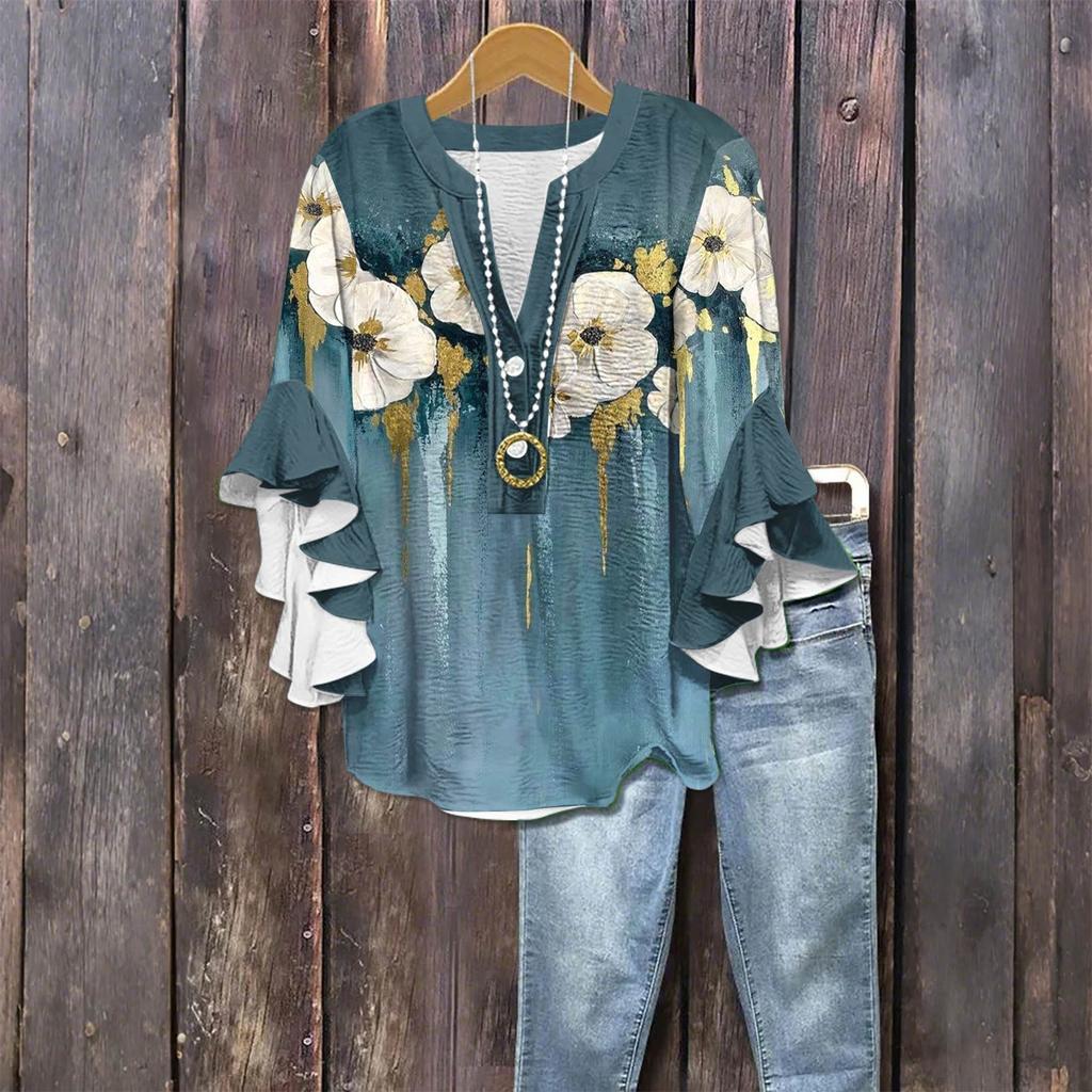 Women's Fashion Casual Button V-Neck Seven Sleeve Vintage Printed Shirt Top