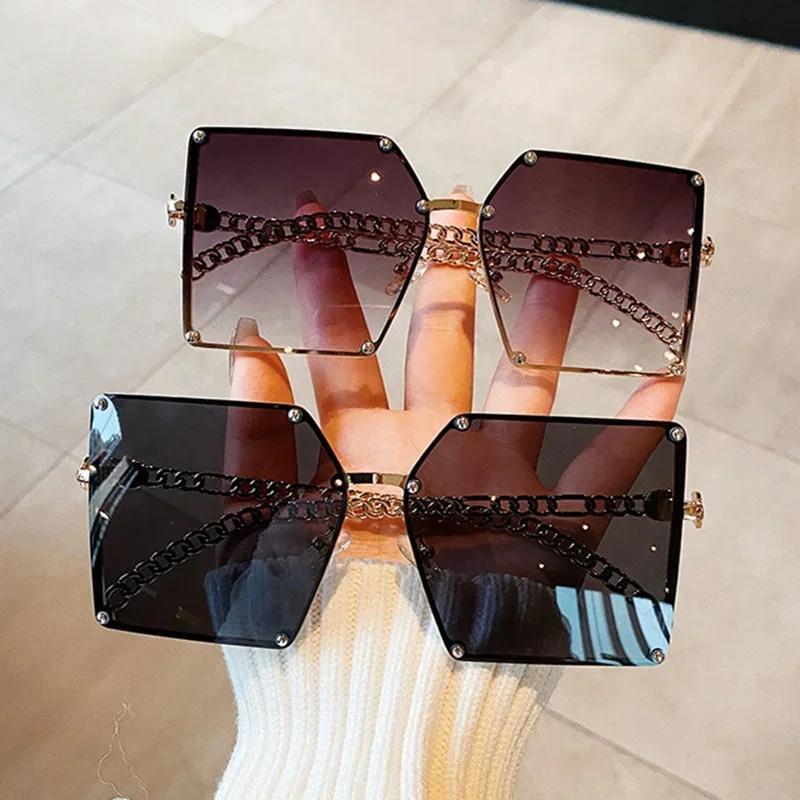 Gradient Sunglasses Metal Oversized Square Sunglasses Luxury Trend Brand Frame Rivet Glass Alloy Chain Arms Eyeglasses Oculos
