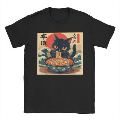 Lustiges japanisches schwarzes Katze Ramen T-Shirt für Herren Rundhals Reine Baumwolle T-Shirts Kawaii Nudel Katze Kurzarm T-Shirts Kleidung