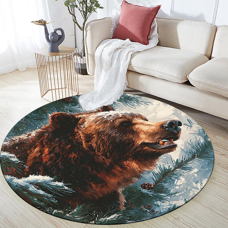 Grizzly Bear Round Area Rug,Carpet Rug for Living Room Bedroom Sofa Playroom Decor,Non-slip Floor Mat