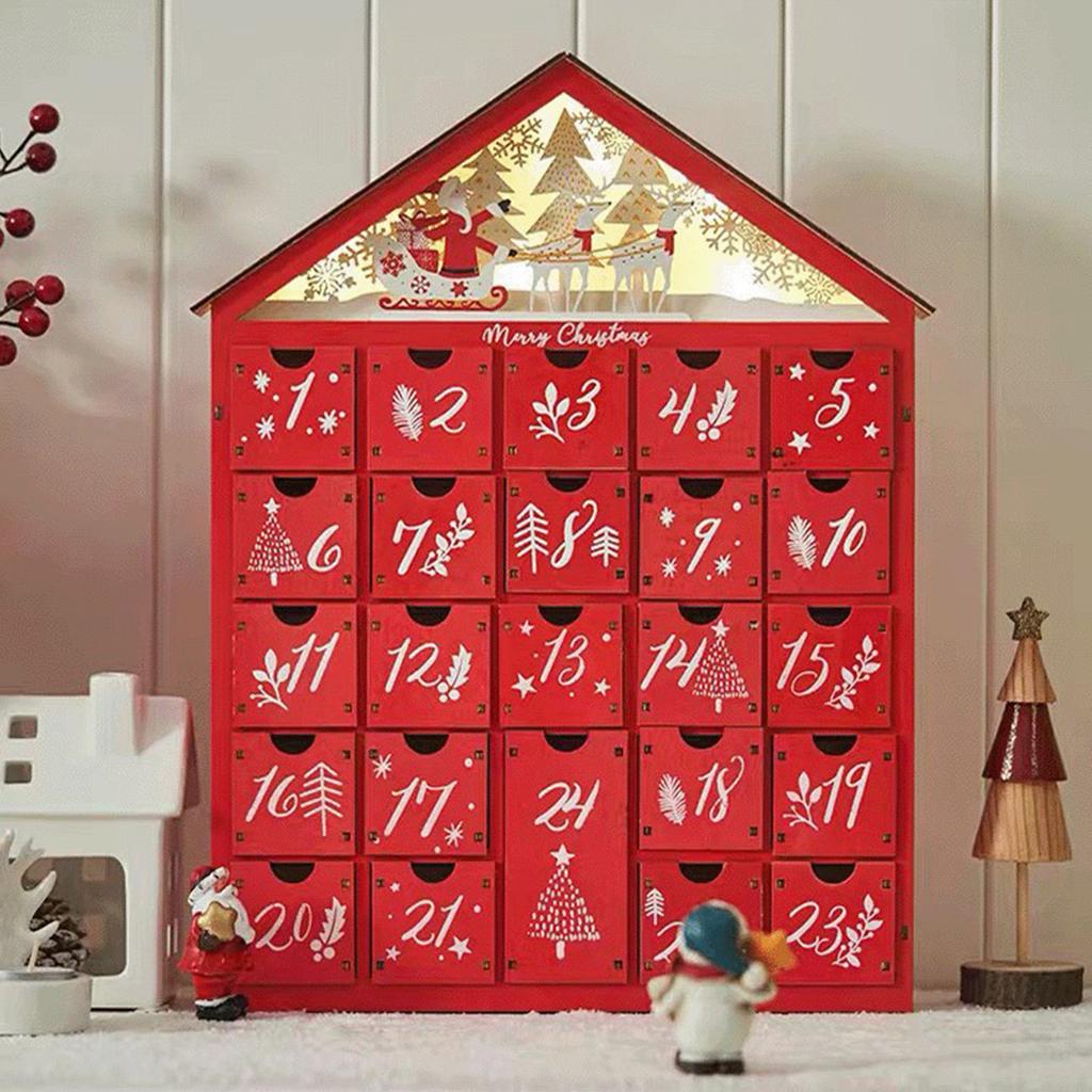 Countdown To Christmas House Shaped Countdown Calendar with 24 Drawers Refillable Wooden Advent for Kids Home Decoration