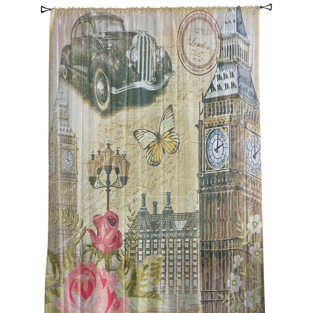 Old London England Poster Art Clock Tower Car Tulle Sheer Window Curtains for Living Room Bedroom Voile Organza Curtains Drapes