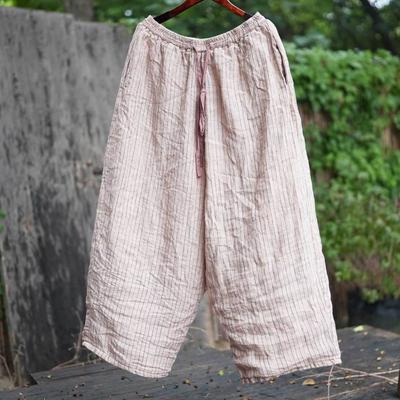 Women Vintage Striped Straight Pants Elastic Waist Loose Trousers Spring Casual Soft Female Pockets Pants