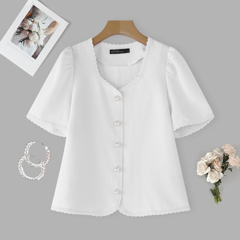 ZANZEA Women Casual Square Neck Summer Short Sleeve Splice Blouse