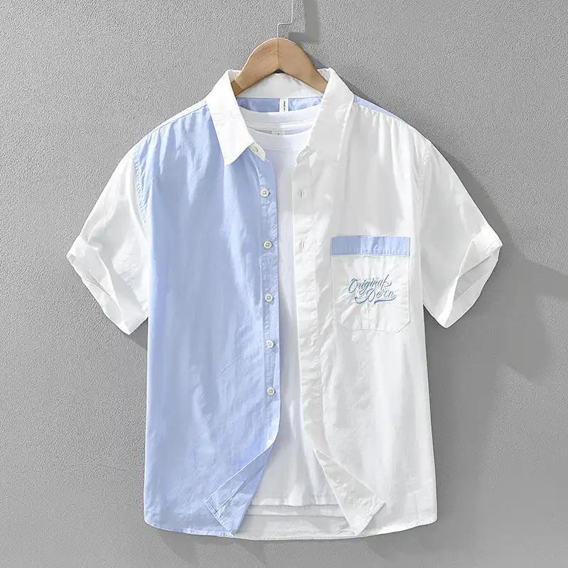 

Men s Color Block Short Sleeve Shirt Casual Cotton Button Down Top with Embroidery S