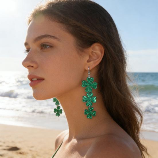 St Patricks Day Earrings Lightweight Acrylic Glitter Shamrock Earrings Sparkly Lucky Clover Dangle Drop Earrings for Women Holiday Party Accessories