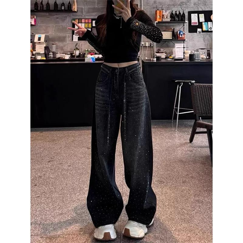 

Women s Plus Size Rhinestone Denim Jeans: High Waist Straight Leg, Trendy Wide Leg for Spring & Autumn 2025. XL