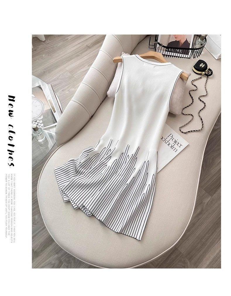 Minimalist Striped Sleeveless Knit Midi Dress with Waist-Cinching Design for Women